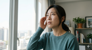 視界に黒点や虫のような浮遊物が見える飛蚊症の原因を特定し、病的な危険サインを見逃さないために、医師による診察や相談を受けている女性の様子