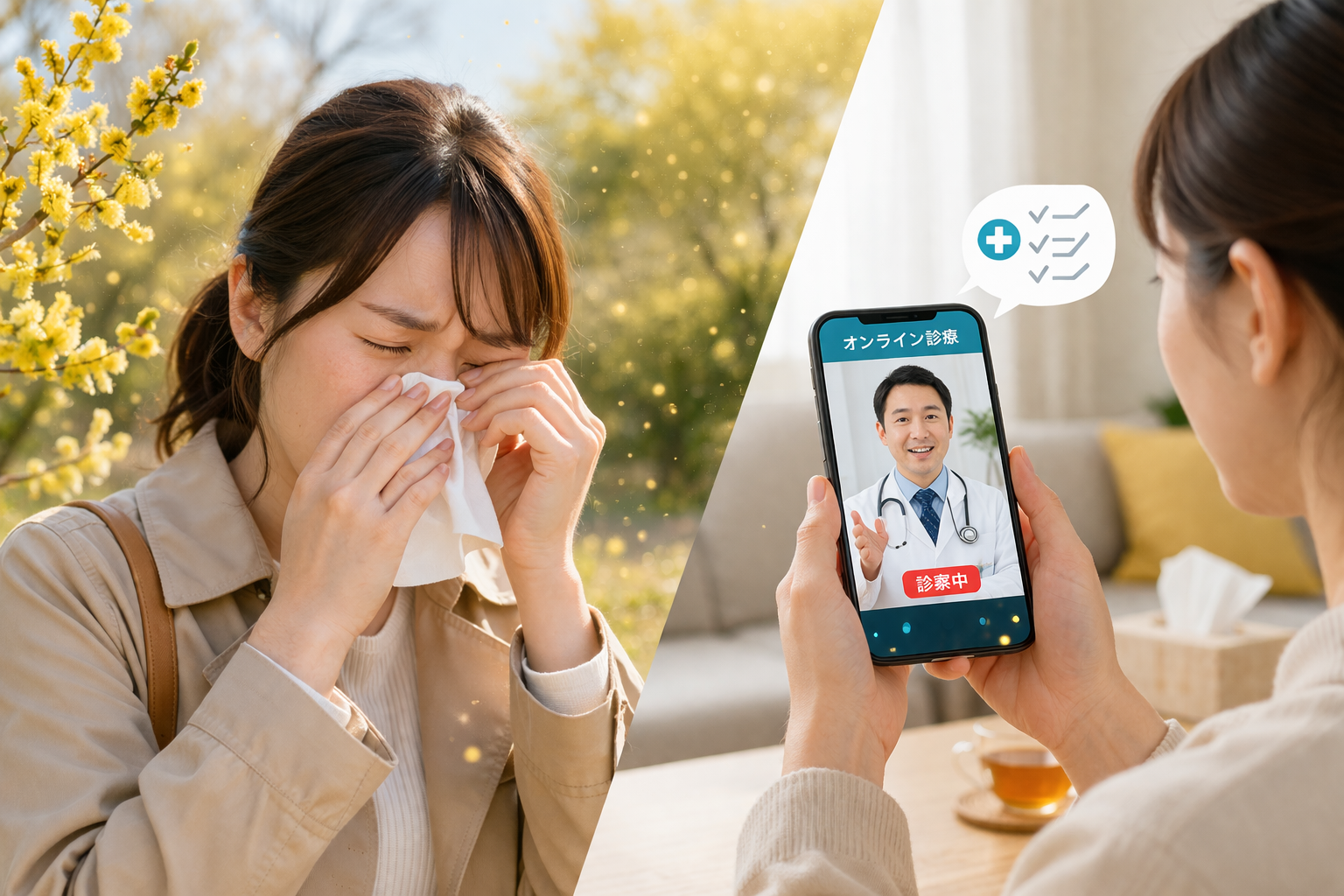 花粉症に悩む女性とオンライン診療をする女性