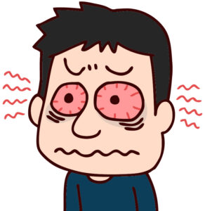目が真っ赤に充血する原因を特定し、適切な治療法を決定するために、医師による診察や相談を受けている男性のイラスト