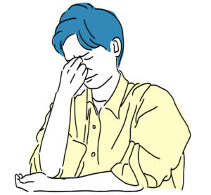 疲れ目が治らない原因や眼精疲労との違いを特定し、適切な治療や改善策を決定するために、医師による診察や相談を受けている男性のイラスト