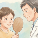 白目にできた赤い点の原因を特定し、適切なケアや治療法を決定するために、医師による診察や鏡を用いた説明を受けている様子