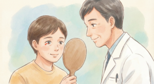 白目にできた赤い点の原因を特定し、適切なケアや治療法を決定するために、医師による診察や鏡を用いた説明を受けている様子