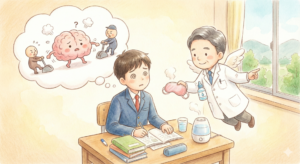 受験生の集中力を低下させる目の疲れや脳の疲労を特定し、効果的な目のケア戦略を決定するために、医師による診察や専門的なアドバイスを受けている様子