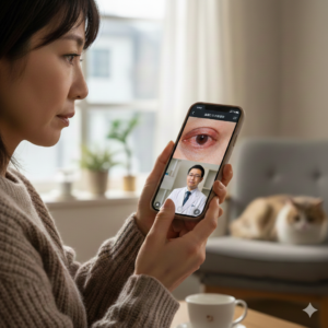 目が赤い原因を特定し、市販薬の使用可否や適切な治療法を決定するために、オンライン診療を通じて医師による診察や相談を受けている女性の様子