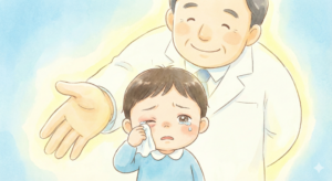 目やにが止まらない原因を特定し、細菌性やウイルス性結膜炎の正しい見分け方と治療法を決定するために、医師による診察や専門的なアドバイスを受けている子どもの様子